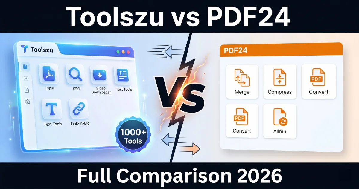 Toolszu vs PDF24 full comparison 2026 showing features, tools count and differences between free PDF tools