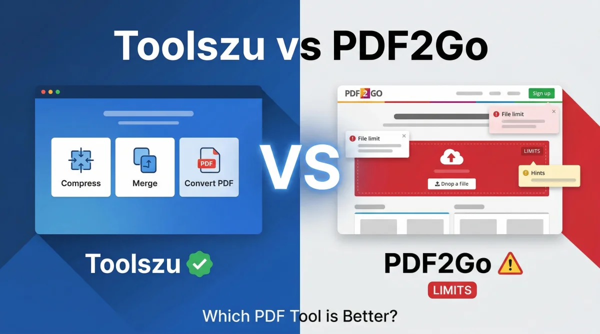 Toolszu vs PDF2Go comparison banner showing two PDF tools side by side