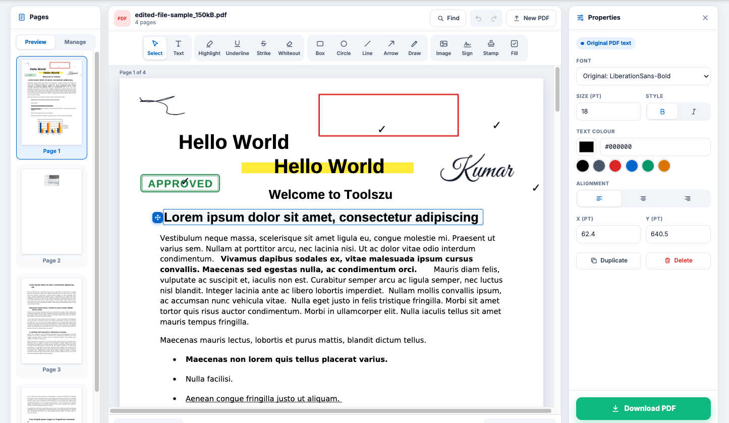 Toolszu PDF editor changing existing PDF text while keeping the original font, shown in the Properties panel
