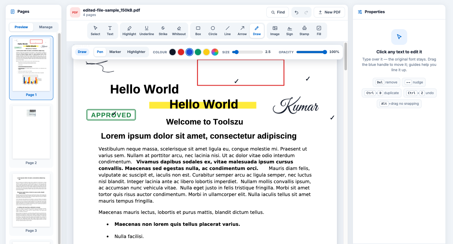 Toolszu PDF editor draw tool with pen, marker and highlighter options, colour, size and opacity controls