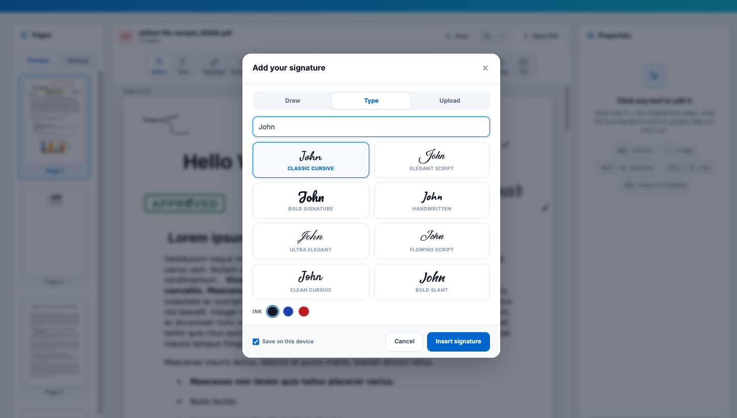 Toolszu add signature window with Draw, Type and Upload options and 8 handwriting signature styles