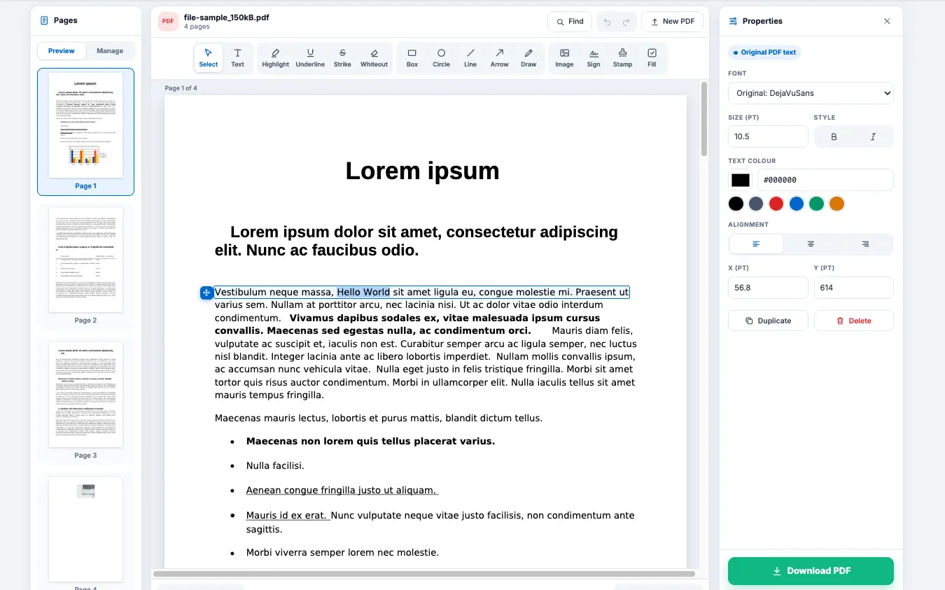 Toolszu free online PDF editor changing existing PDF text in the same font, with toolbar, page list and text properties panel