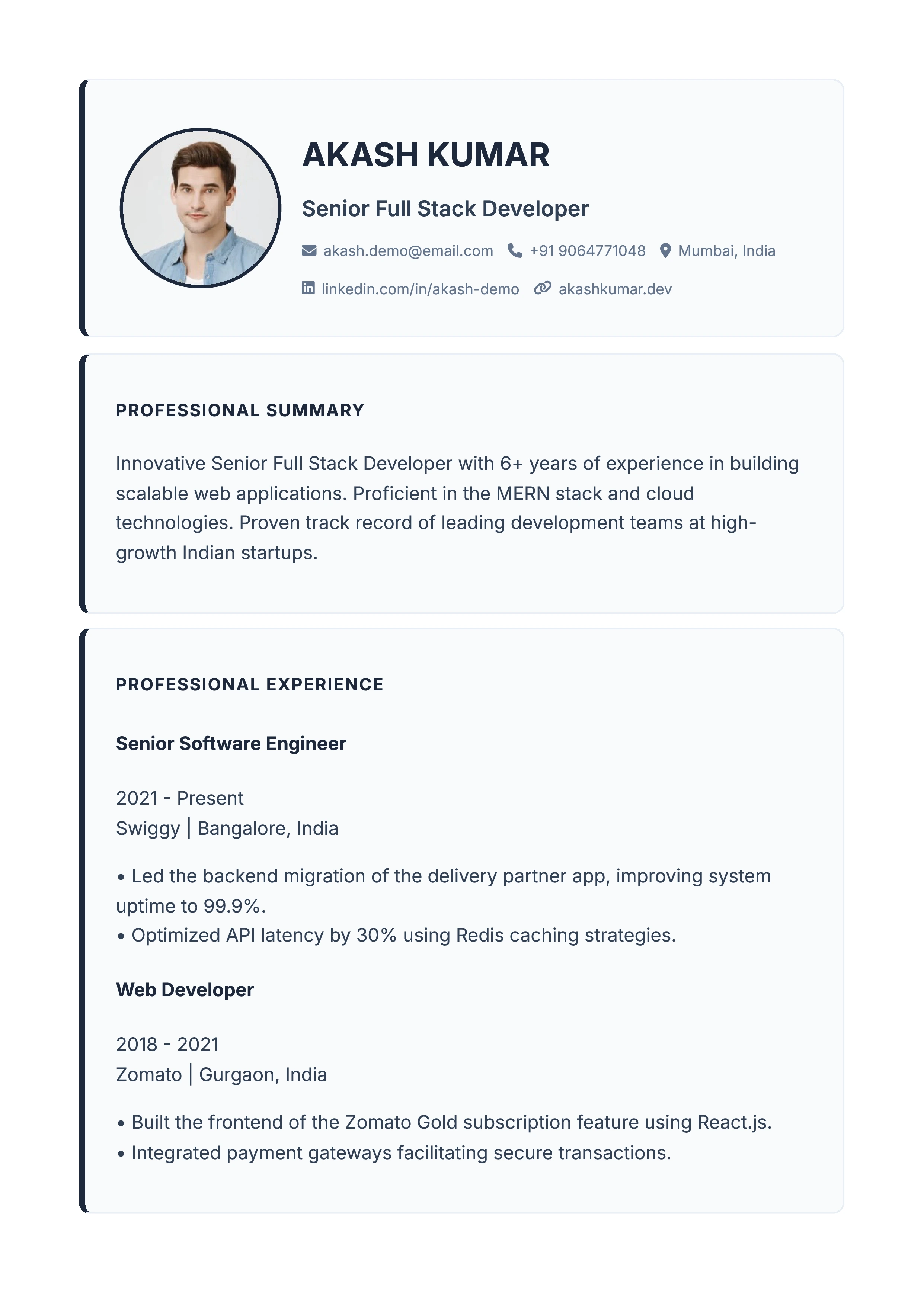 Boxed Cards ATS-Friendly Single Column Resume