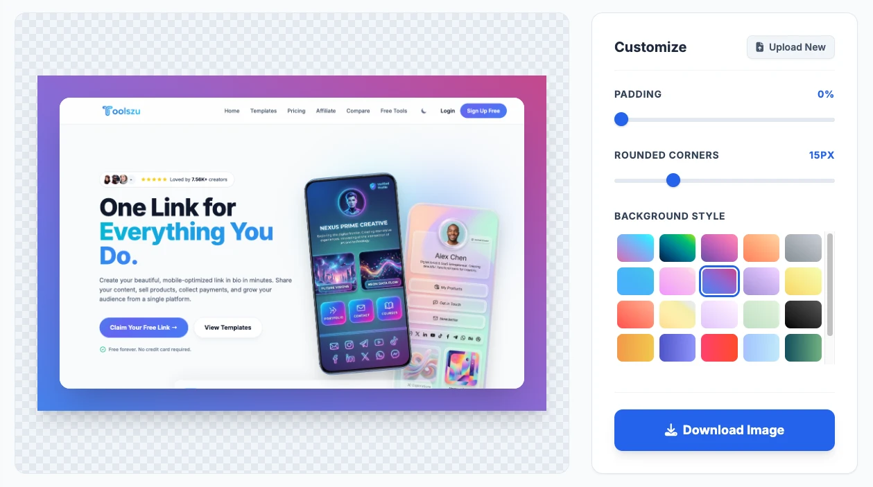 Toolszu interactive screenshot background maker showing live padding adjustments, gradient selection, and rounded corners