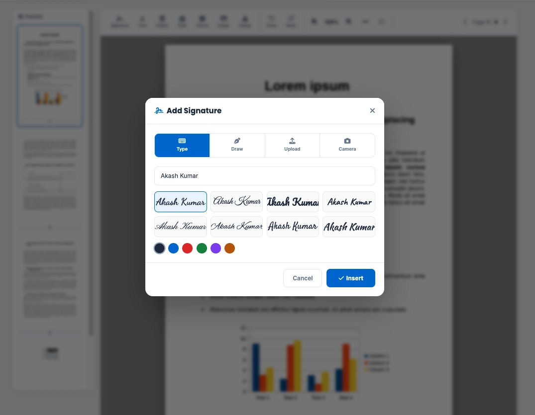 Toolszu signature generator modal showing options to type, draw, upload, or use a camera to create a digital signature
