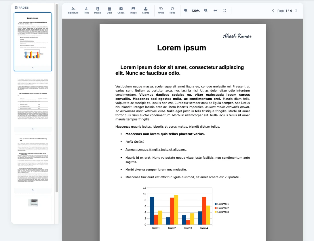 Toolszu interactive online PDF signature editor showing the document canvas, page thumbnails, and annotation toolbar