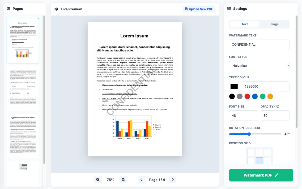 Toolszu interactive PDF watermark editor showing live document preview, page thumbnails, and watermark styling controls